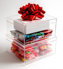 Holiday Gift Boxes with Vibrant Accents: Elegant gift boxes stacked with colorful ribbons and clear containers, perfect for festive and holiday-themed packaging or gift inspiration.