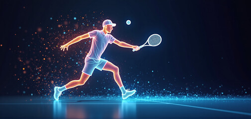 Naklejka premium illustrative depiction of a tennis player made of bright graphic lines, dynamics and speed of the tennis game