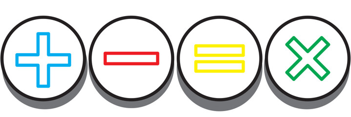 Obraz premium Colorful math symbol sign sticker set. Education, school learning, mathematic concept. Flat vector design illustration isolated on background.