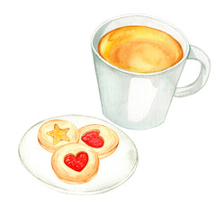 Ceramic mug with aromatic tea and cookies with jam. Watercolor composition is suitable for decorating shops, cafes, packaging, cards