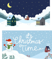 Naklejka premium A cheerful snowman celebrates Christmas in a snowy landscape with a cozy cabin next door