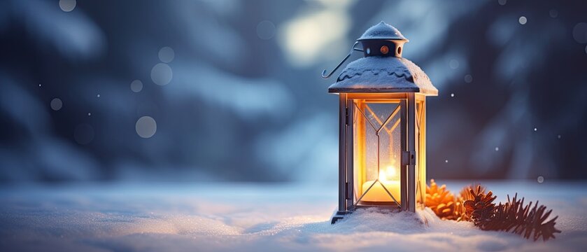 A lantern sits in the snow, adorned with a pine cone beside it, exuding a cozy, atmospheric glow, ideal for winter-themed promotions, holiday decorations, or seasonal greeting cards