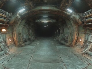 A futuristic, industrial tunnel with detailed metallic textures and atmospheric lighting, creating a sci-fi, cyberpunk mood.