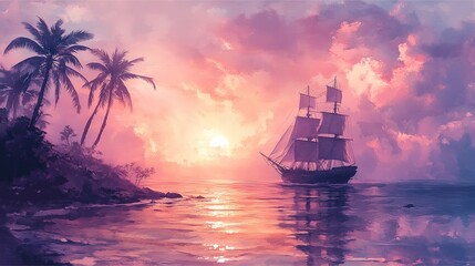 Fototapeta premium Watercolor-style of a serene tropical beach at sunrise
