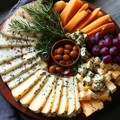 Assorted Cheese Board with Fresh Fruits and Nuts on a Rustic Wooden Tray