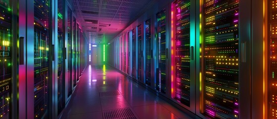 Fototapeta premium photo of an artistic portrayal of brightly lit server racks, capturing the futuristic and high-tech