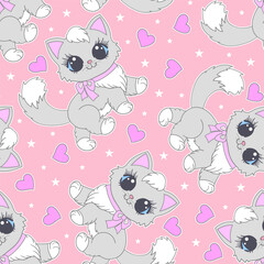 Seamless pattern with gray cats and hearts on a pink background. For children's fabric design, wallpaper, backgrounds, prints, posters, cards, etc. Vector