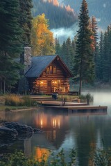 Cozy log cabin reflecting on a misty lake at sunrise in the mountains