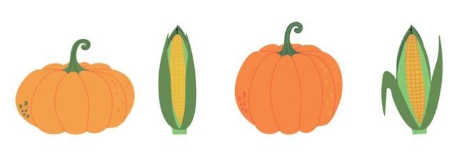 Set of farm garden harvest of corn cob and orange pumpkins isolated on white background. Hand drawn vector flat doodle colored illustration. Autumn symbol, food, vegetables, happy thanksgiving day.