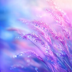 Obraz premium A dreamy, colorful depiction of grass with dew drops, showcasing a soft blend of purple and blue hues in a tranquil and ethereal atmosphere.