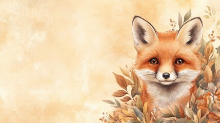 Obraz premium A charming illustration of a fox surrounded by autumn leaves, featuring warm colors that evoke a cozy, natural atmosphere.
