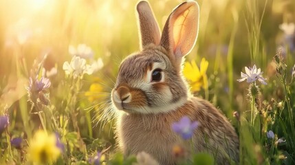 A serene rabbit nestled among vibrant wildflowers in a sunlit meadow, embodying the beauty of nature and tranquility.