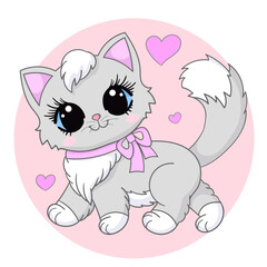 Cute cartoon kitten with pink bow and hearts. Composition in a circle. For children's design of prints, posters, cards, stickers, puzzles, etc. Vector illustration.