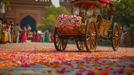 Golden Carriage Adorned with Flowers in India