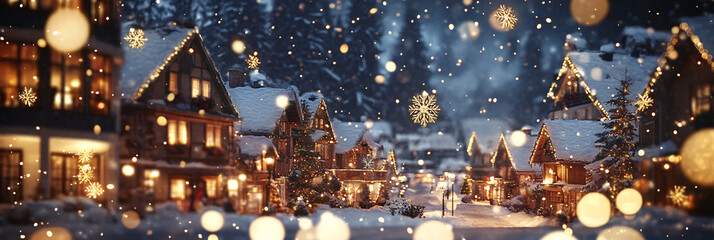 Fototapeta premium Floating Snowflake Glittering in the Sky, With Golden Sparks Falling Like Magic Over a Cozy Christmas Village 