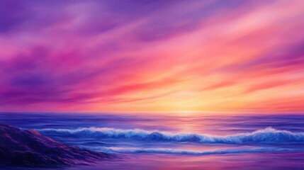 Fototapeta premium A vibrant sunset over the ocean, featuring hues of pink, purple, and orange with gentle waves lapping at the shore.