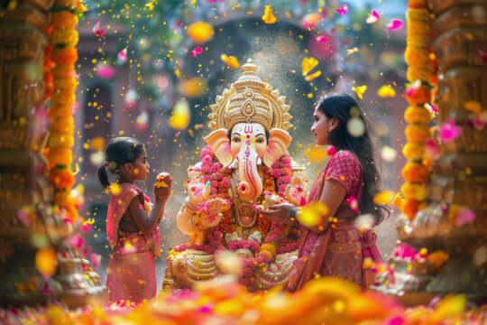 An Indian family, including two young girls and a woman, celebrating Ganesh Chaturthi with a statue of Lord Ganesha surrounded by flowers and festive colors.