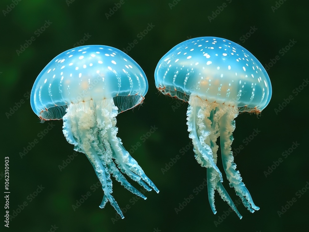 Wall mural two blue jellyfish gracefully float against a dark background, showcasing their translucent bodies a