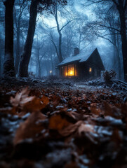 The warm glow of a cabin shines through the fog and trees during a quiet autumn evening, surrounded by fallen leaves and a serene atmosphere.
