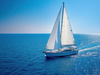 A sailboat with white sails gliding on a vast blue ocean under a clear sky, creating a serene and peaceful atmosphere.