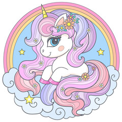 Little cartoon unicorn with a long tail sits on a cloud with a rainbow. Magic theme. For children's design prints, posters, cards, stickers, puzzles, etc. Vector illustration