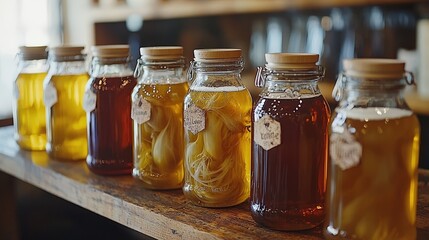 Colorful array of fermented kombucha drinks in glass jars on wooden shelf
