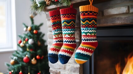 Naklejka premium Christmas colorful sock patterns hanging by the fireplace
