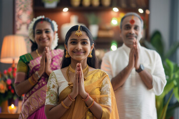 A young Indian girl, dressed in traditional yellow attire, stands in the foreground with a Namaste gesture. Behind her, two adults, an Asian Indian man and a woman, also in traditional clothing