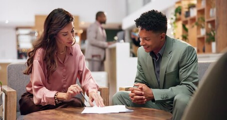 Business people, meeting chat and hotel lobby with conversation of contract negotiation. Hospitality, diversity and professional talk with teamwork and consulting on management paperwork for seminar