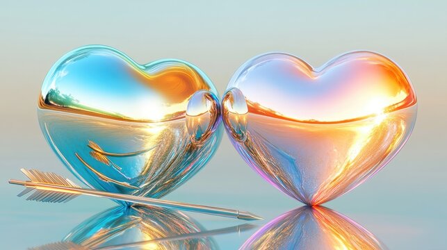 Romantic Sunset Reflection on Glass Hearts Embracing with Arrow of Love