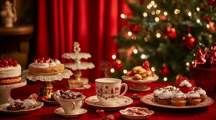 Fototapeta premium A Christmas table is set with a hot beverage, cakes, and other decorations. A red curtain is hanging in the background.