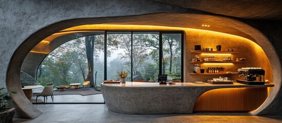 Fototapeta premium Modern concrete coffee shop interior with curved design and a view of a forest.