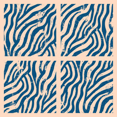 Fototapeta premium Wavy Lines Grunge Seamless Patterns Vector Set Blue Beige Abstract Background. Aesthetic Shabby Curves Boho Style Art Illustration. Endless Texture Clip Art Collection for Textile Print or Home Decor
