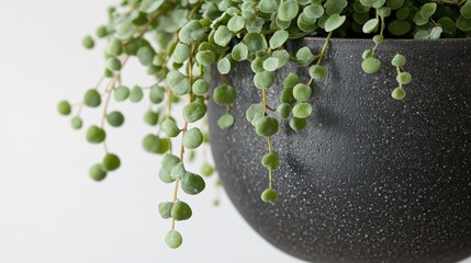 Elegant String of Pearls Plant in Dark Textured Pot on White Background