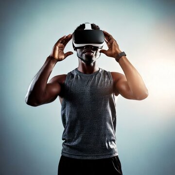 Homem ajustando &oacute;culos de realidade virtual em est&uacute;dio