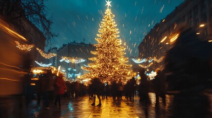 A Christmas tree twinkles with lights in Kyiv while people rush past in the background.