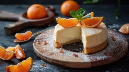 Freshly presented tangerine cheesecake for immediate enjoyment