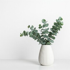 white vase with green eucalyptus leaves on a white background  minimalist home decor  interior design inspiration