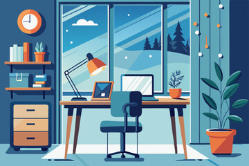 Minimalist Winter Workstation by Window on white background 