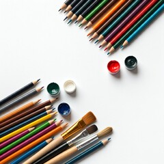 Naklejka premium colorful pencils paintbrushes and paint pots on white table top