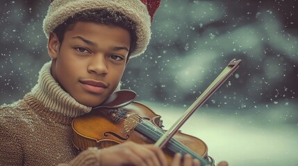 Festive Winter Music: Young Musician Playing Violin in Snowy Christmas Setting