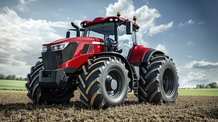 Obraz premium Powerful Red Tractor on Plowed Field Under Clear Blue Sky