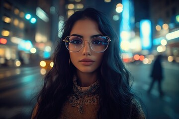 Obraz premium Nighttime City Portrait: Woman with Glasses in Vibrant Urban Lights