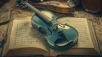 Naklejka premium Vintage Violin Resting on Sheet Music for a Timeless Musical Composition