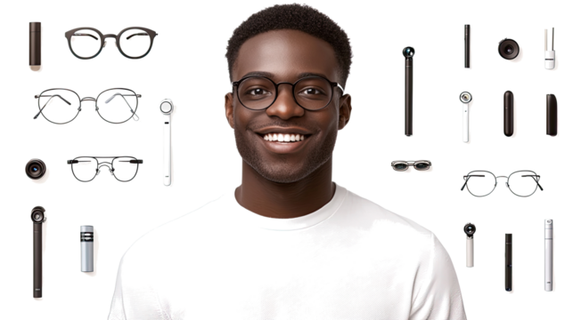 Smiling Black Man in Glasses Among Eyewear Collection Generative AI