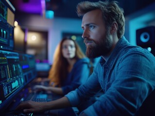 A focused team of software developers working collaboratively in a high-tech, dimly lit office filled with multiple screens and computer equipment.