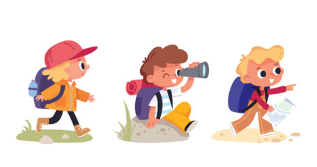 Vector set group of boy girl scouts. The boy is sitting looking through telescope. young tourists traveling kids walking with travel bag backpacks and map, walking by route. Hiker travelers collection