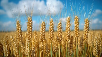 Fototapeta premium Golden wheat field under blue sky: majestic nature and agricultural abundance