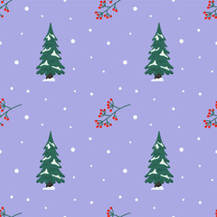 Fototapeta premium Winter pattern featuring snow-covered trees and red berries on a purple background