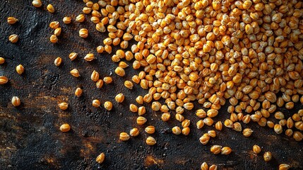 Golden popcorn kernels on rustic dark background - culinary texture and organic snack concept